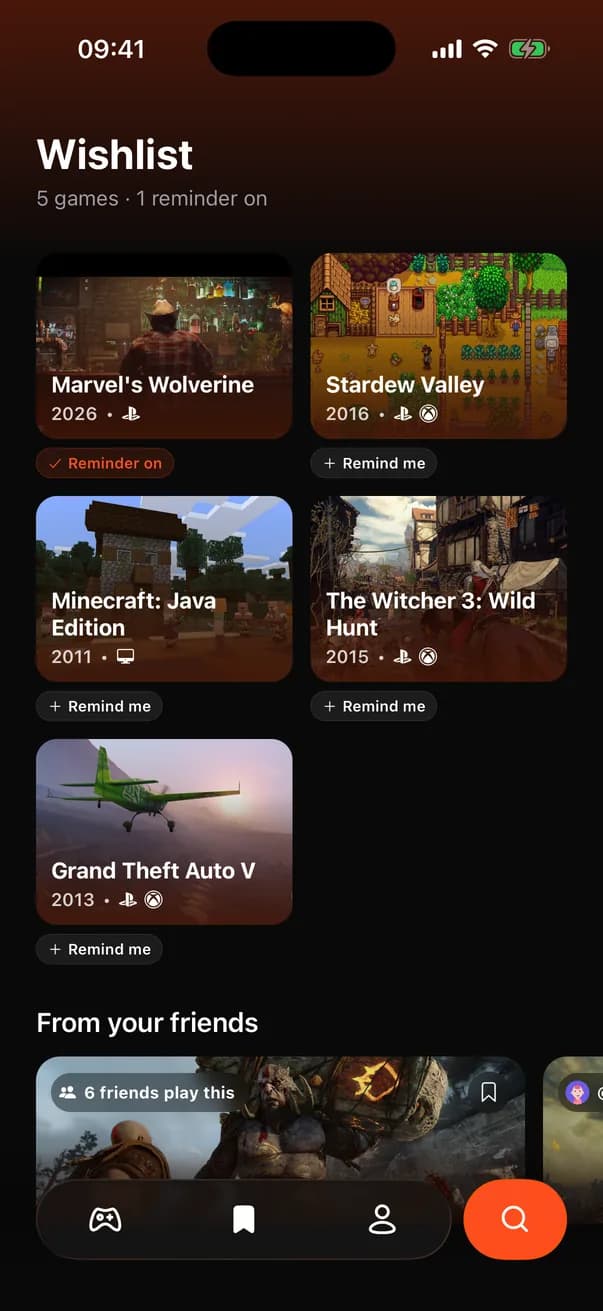 Wishlist, release days and challenges screen in Prysm