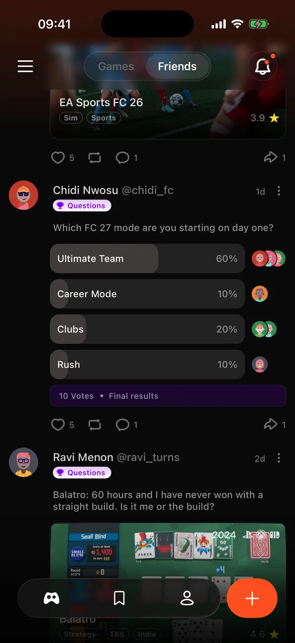 Friends feed and polls screen in Prysm