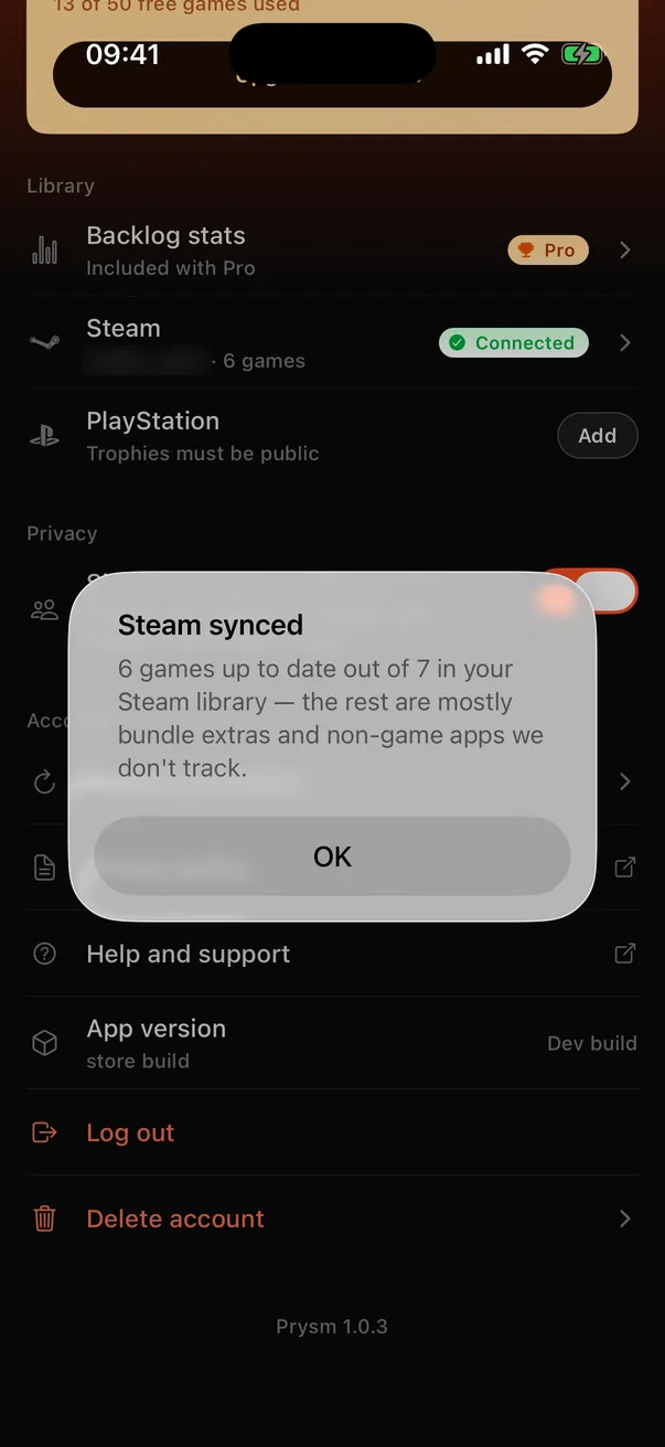 Steam, Xbox, PlayStation and Android screen in Prysm